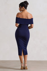 Navy Bow Bardot Midi Dress